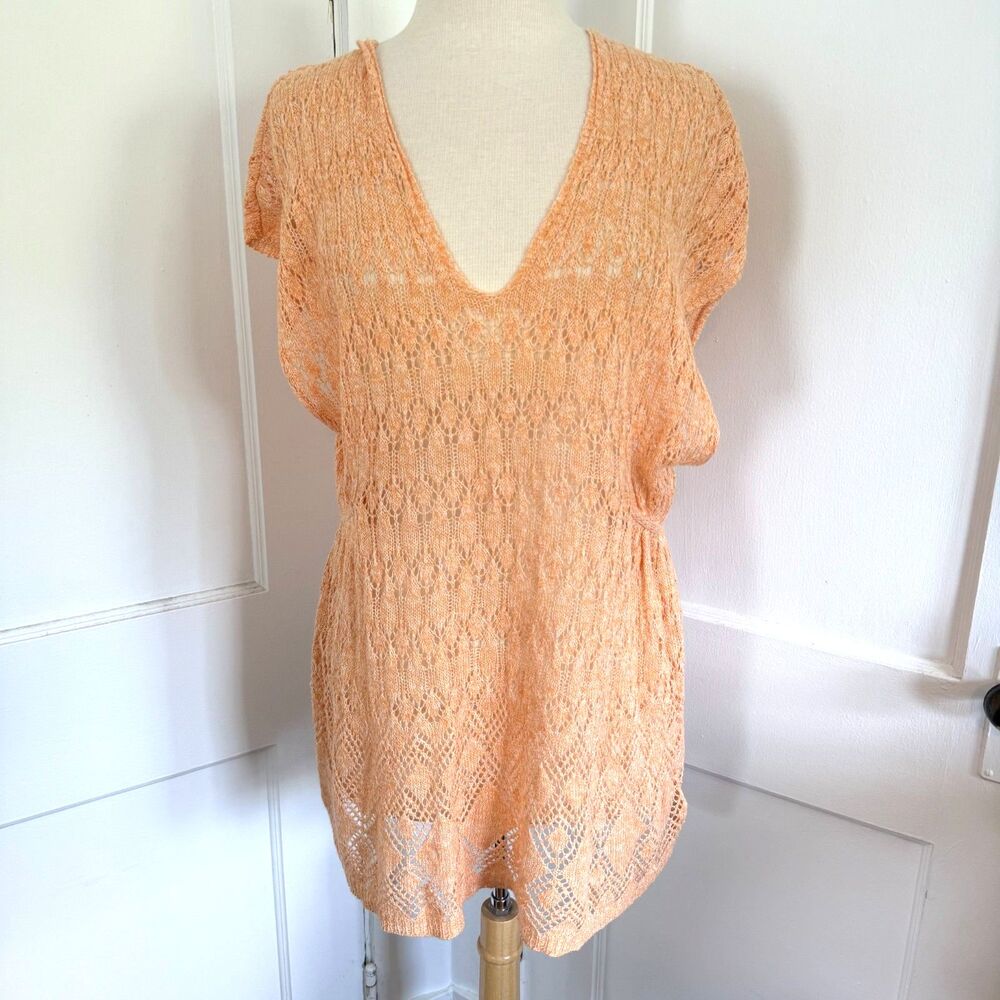 MOTH Anthropologie Crochet Tunic Pointelle Pullover Orange Size M Cotton Linen
